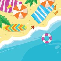 Beach with umbrellas, towels, surfboard and lifebuoy. Top view. Banner, postcard, background. vector