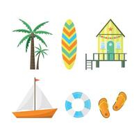 Set of icons with house, surfboard and other objects. Summer, vacation. vector