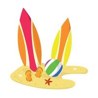 Surfboard icon on sand, with ball and flip flops. Background, banner, postcard. vector