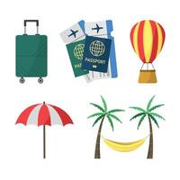 Set of icons with suitcase, passports, palm trees and other objects. Vacation, holiday. vector