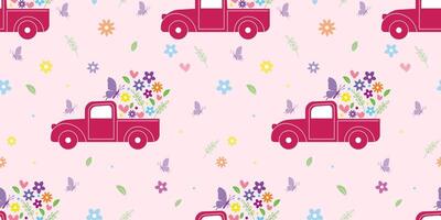 Cute a Vehicle of Flower, Heart, and Leaf in Baby Pink Background in a Seamless Pattern vector