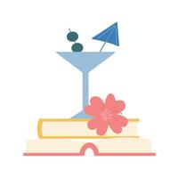 Cocktail with olive stand on books. Summer recreation in tropics concept composition on transparent background vector