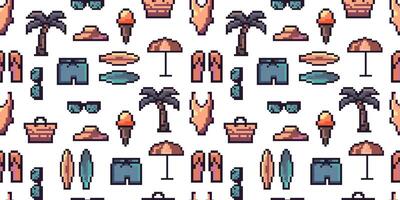 Seamless pixel art pattern beach and summer elements like palm trees, swimwear, surfboards, ice cream, umbrellas, sunglasses,flip flops in retro 8 bit style.Retro Pixel Vacation Icon Elements. vector