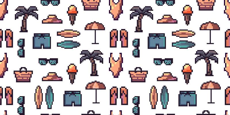Seamless pixel art pattern beach and summer elements like palm trees, swimwear, surfboards, ice cream, umbrellas, sunglasses,flip flops in retro 8 bit style.Retro Pixel Vacation Icon Elements.