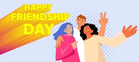 Diverse group of cheerful young friends celebrating Friendship Day in a vibrant modern design. The scene conveys themes of unity, inclusivity, human connection, social values. vector