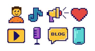Pixel art icons with blogger, music note, megaphone, heart, smartphone, microphone,button, speech bubble, etro digital design, social media content, influencer, web development. illustration set vector