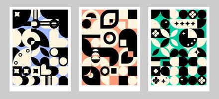 Modern Abstract Geometric Poster Set.Set of abstract geometric posters with bold shapes, curved lines, and color blocking in black, cream. Mid Century Modern Layouts.Colorful Retro Geometry Art vector