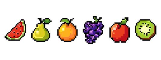 Fruit Icons Set Colorful Pixel Art style.Retro Pixel fruits including watermelon, pear, orange, grapes, apple, kiwi in retro 8 bit style, for game design, stickers, apps, digital collectibles. vector