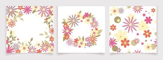 Colorful Floral Frames and Pattern Set.Set of decorative floral designs including two frames and a seamless pattern with pink, red, yellow, and green flowers and leaves vector