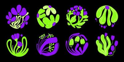 Set of abstract floral elements in bright purple and green tones on a black background featuring modern stylized plant and flower shapes.Bright Botanical Elements in Modern Style. illustration vector