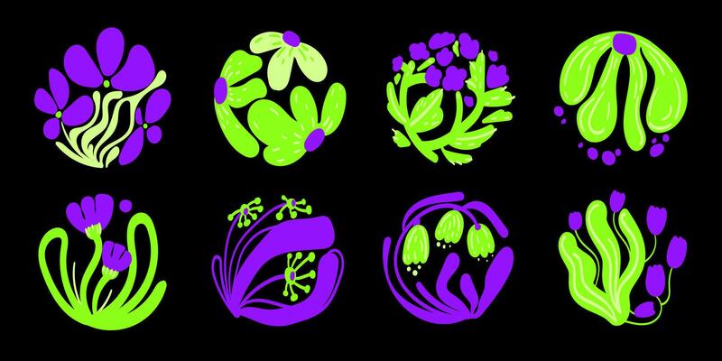 Set of abstract floral elements in bright purple and green tones on a black background featuring modern stylized plant and flower shapes.Bright Botanical Elements in Modern Style. illustration