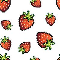 Strawberry Seamless Pattern on White in Pixel Art style. Seamless pattern with pixel strawberries retro 8 bit style ideal for digital design, print, wallpaper, wallpaper, textile, illustration vector