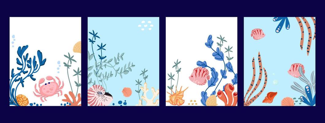 Underwater Sea Life Background template Set.Set of underwater backgrounds featuring sea life including coral reefs, fish, crabs, shells, seaweed, and marine plants in a light blue ocean theme