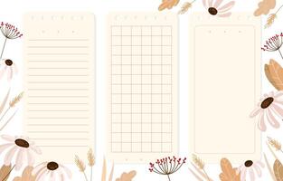 Notepad paper templates with lined grid and blank pages set decorated with soft floral elements ideal for planners journals scrapbooking digital stationery printables and bullet journal layouts vector