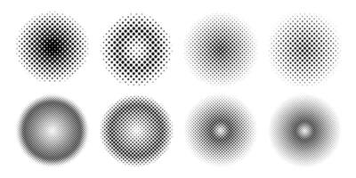 Set of abstract halftone gradient circles with dot textures in black and white ideal for backgrounds posters web design print templates retro effects branding and modern graphic compositions. vector