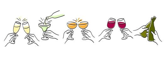 Hands clinking glasses with champagne, wine, and cocktails in various celebratory toasts Minimalist line art , for party invitations, bar menus, event branding, and festive design projects. set vector