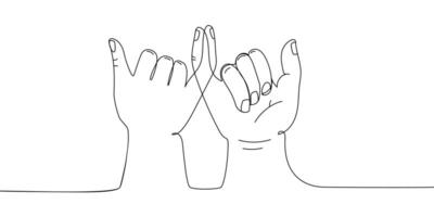 One Line Drawing of Pinky Promise Gesture.Friendship and Trust Concept with Linked Pinky Fingers Minimalist drawing design trust, friendship, loyalty, and emotional connection modern art style. vector