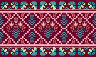 a detailed pattern composed of pixel designs with pink and orange flowers on dark red background , design for fabric or various pattern printing works. vector