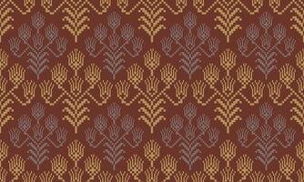 a detailed pattern composed of pixel designs with dark yellow flowers on dark brown background , design for fabric or various pattern printing works. vector