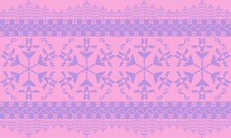 a detailed pattern composed of pixel designs with purple pastels flowers on pink pastels background , design for fabric or various pattern printing works. vector