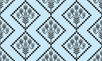 a detailed pattern composed of pixel designs with black flowers on light blue background , design for fabric or various pattern printing works. vector