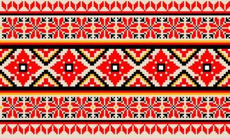 a detailed pattern composed of pixel designs with red flowers and black square on light yellow background , design for fabric or various pattern printing works. vector