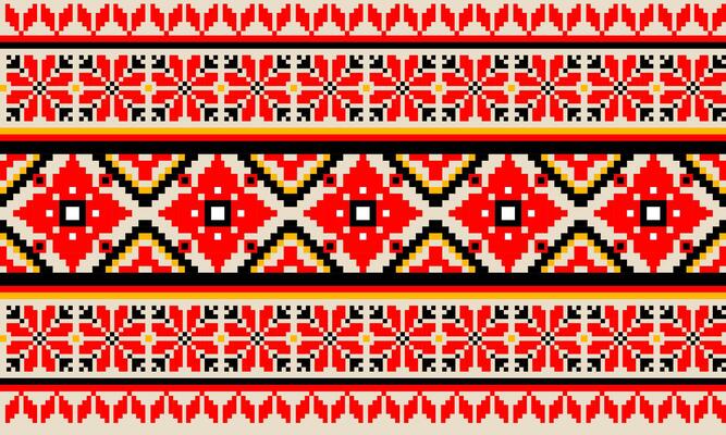 a detailed pattern composed of pixel designs with red flowers and black square on light yellow background , design for fabric or various pattern printing works.