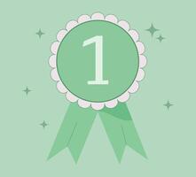 illustration of a first place badge with a number one in the center. Award ribbon in flat style on a light background with sparkling stars. Perfect for achievements, contests, and rewards. vector