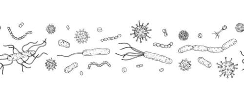 Hand drawn frame with virus, bacteria, and microbial elements in black and white. Perfect for medical designs, health protection themes, and infection prevention graphics vector