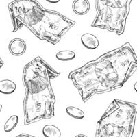 Seamless pattern of hand drawn money elements including crumpled banknotes and coins. Vintage black and white line art design for financial themed prints, textiles, and backgrounds vector