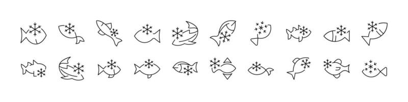 Frozen Fish Line Icon Set. Outline Signs for Graphic and Web Design, Apps, Adverts, Various Cards vector