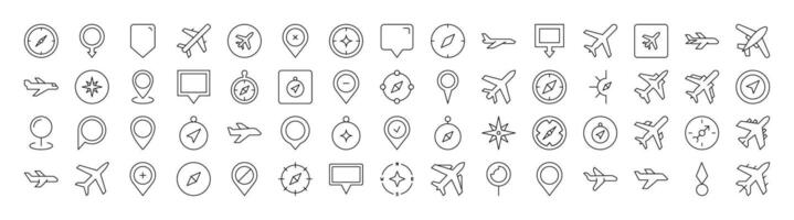 Plane, Map Pin, Compass Line Icon Pack. Outline Signs for Graphic and Web Design, Apps, Adverts, Various Cards vector