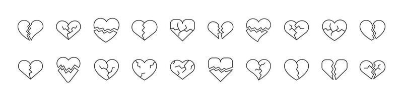 Broken Heart Bundle of Related Line Icons. Outline Signs for Graphic and Web Design, Apps, Adverts, Various Cards vector