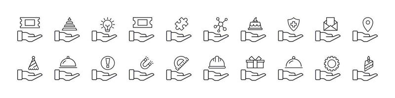Helmet, Food, Mail etc on Hand Thin Line Icon Set. Outline Signs for Graphic and Web Design, Apps, Adverts, Various Cards vector