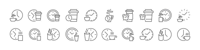 Set of Coffee Break Related Line Icons. Coffee and Clock Outline Signs for Graphic and Web Design, Apps, Adverts, Various Cards vector