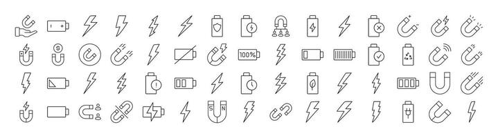 Set of Magnet, Battery, Lightning Related Line Icons. Outline Signs for Graphic and Web Design, Apps, Adverts, Various Cards vector