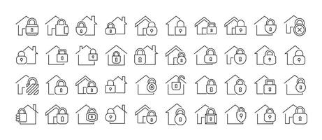 Bundle of Line Icons of House with Lock. Minimalistic Linear Pictogram for Web and Graphic Design, Apps, Banners, Social Network and Cards vector