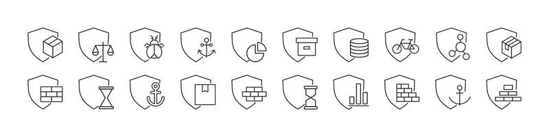 Pack of Box, Brick Wall, Anchor by Shield Related Line Icons. Outline Signs for Graphic and Web Design, Apps, Adverts, Various Cards vector