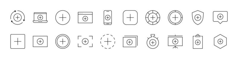 Collection of Plus Sign Related Line Icons. Outline Signs for Graphic and Web Design, Apps, Adverts, Various Cards vector