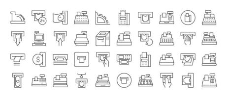 Set of Money Related Line Icons. Cash Register and Receipt Outline Signs for Graphic and Web Design, Apps, Adverts, Various Cards vector