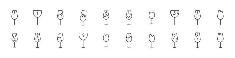 Collection of Line Icons of Broken Glass of Wine. Minimalistic Linear Pictogram for Web and Graphic Design, Apps, Banners, Social Network and Cards vector