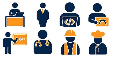 Professional Occupation and Job Role Flat Icon Set, Developer, Doctor, Chef, and Engineer vector
