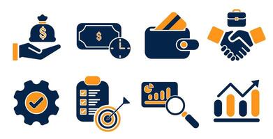 A professional flat pictogram-style icon set representing business management, finance tracking, productivity, and growth. Elements include wallet, money, analysis, goal, handshake, chart vector