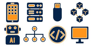 Technology and Digital System Icon Set, AI, Coding, Blockchain, and Server Network vector