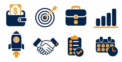 Business and Finance Icon Set in Flat Pictogram Style Wallet, Rocket, Calendar, Growth Chart, Target vector