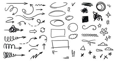 Hand-drawn chalk-style clipart set with arrows, checkmarks, doodles, question marks, stars, frames, and sketchy lines. Great for notes, school projects, presentations, planners, and scrapbooking. vector