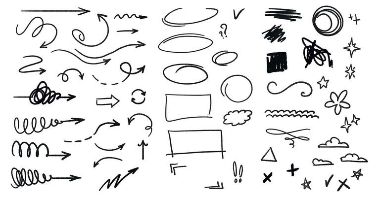 Hand-drawn chalk-style clipart set with arrows, checkmarks, doodles, question marks, stars, frames, and sketchy lines. Great for notes, school projects, presentations, planners, and scrapbooking.