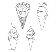 Minimalist Single Line Drawing Set featuring various ice cream illustrations, including cones, sundaes, and popsicles. Ideal for food related branding, etc. vector