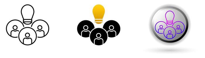 Brainstorming icon collection, ideal for repair service branding, and design infographics includes three style variations, black line, colored flat design, and modern gradient button icons. vector