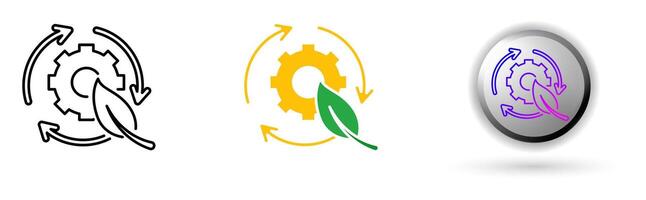 Ecosystem icon collection illustrates environmental balance and renewable energy. This set includes three style variations, black outline, colored flat design, and modern gradient button icons. vector